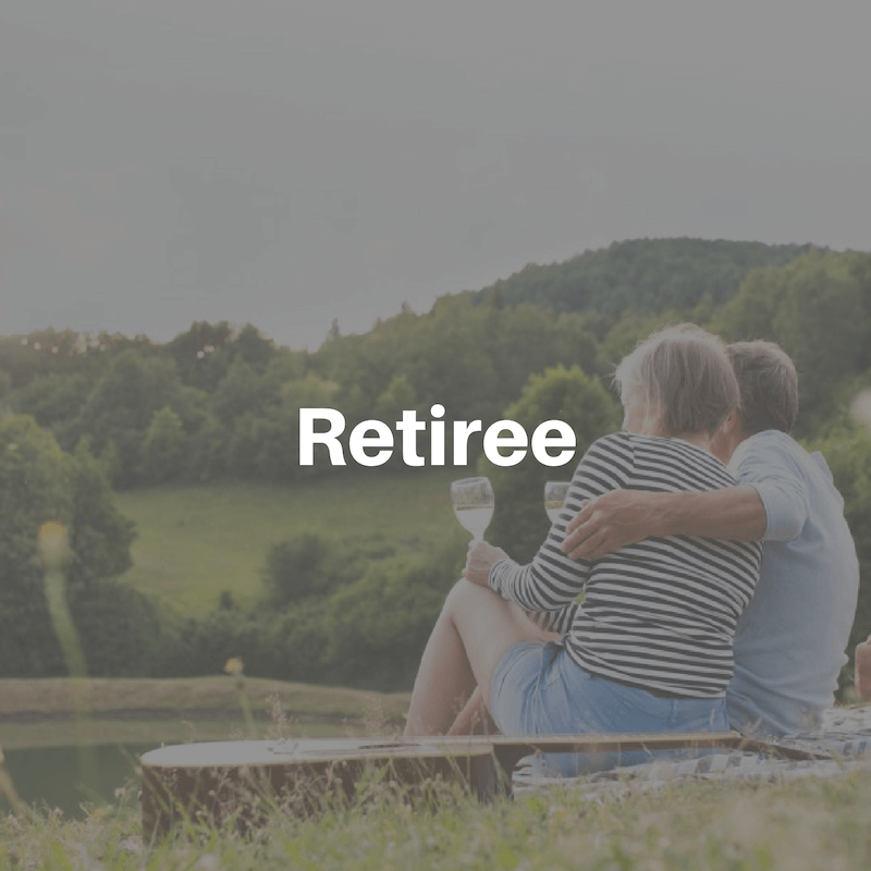 Retiree, older couple with picnic at edge of lake