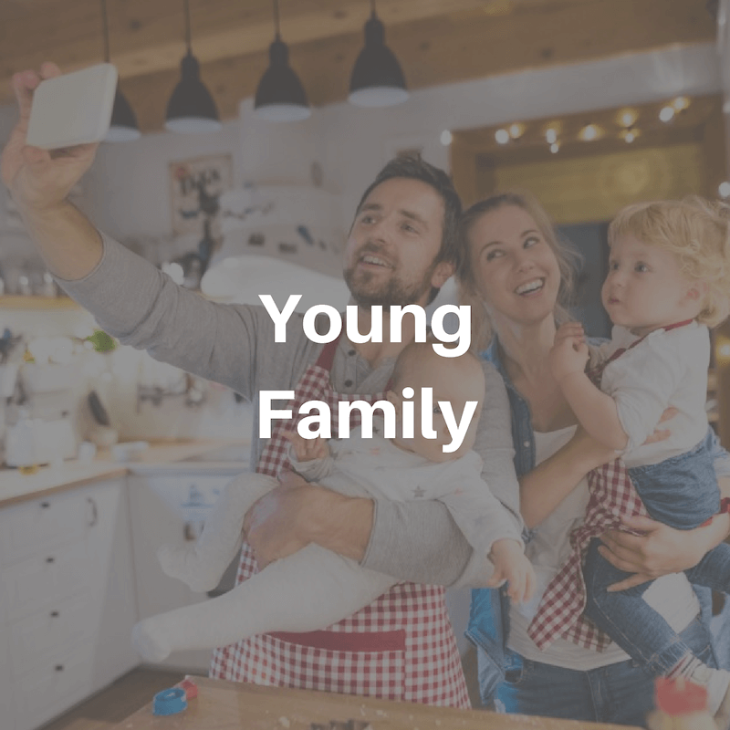 Young Family, family taking selfie together in kitchen