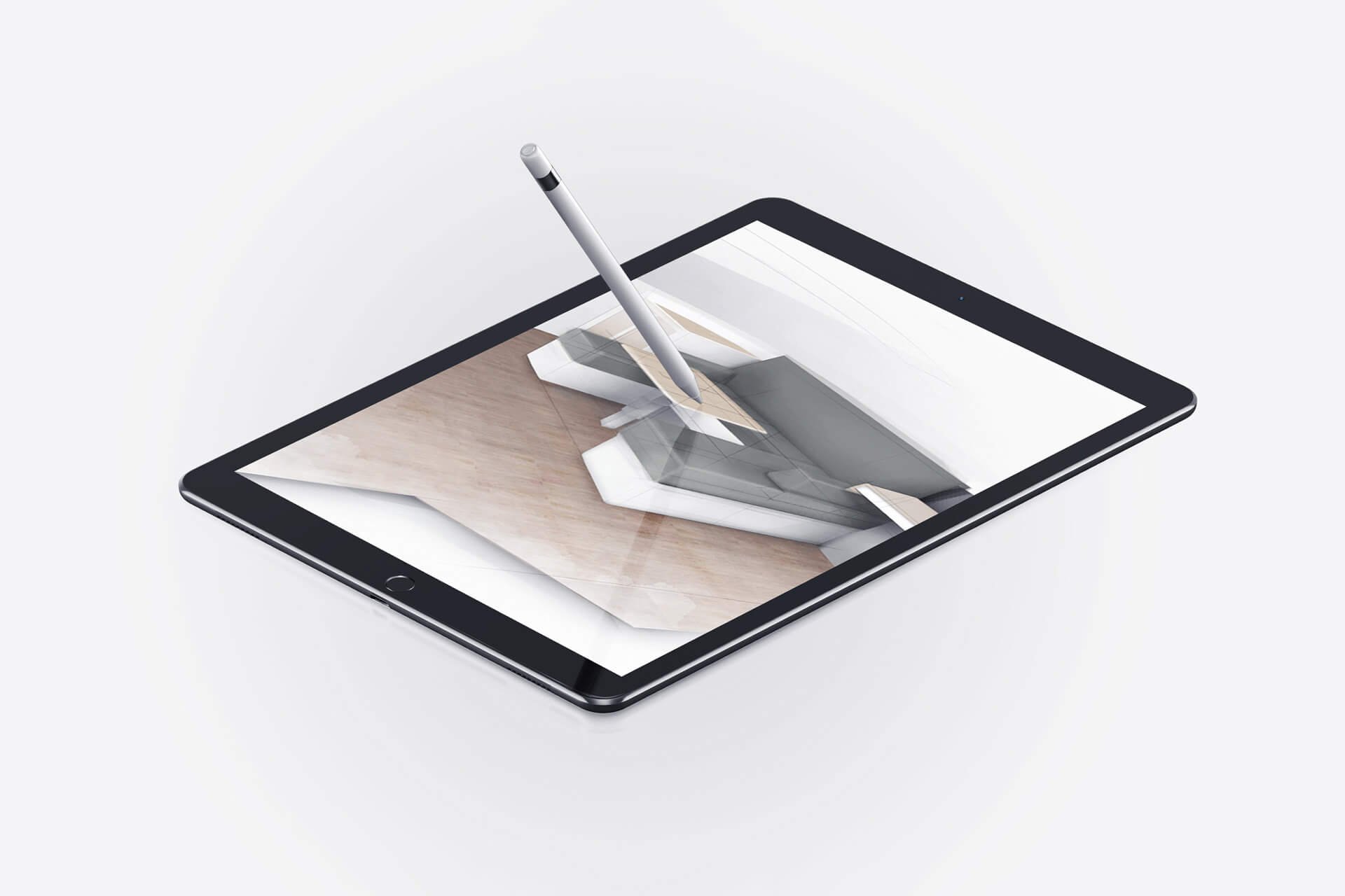 stylus poised over a tablet making design drawings of furniture